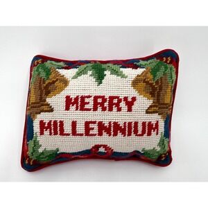 Vintage Merry Millennium Needlepoint Christmas Throw Pillow Velvet Holiday Decor